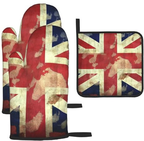3 Piece Oven Mitts and Pot Holders Set Heat Resistant Oven Gloves and Potholders BBQ Gloves Hot Pads Vintage Union Jack British Flag Cooking Gloves for Kitchen Baking Grilling