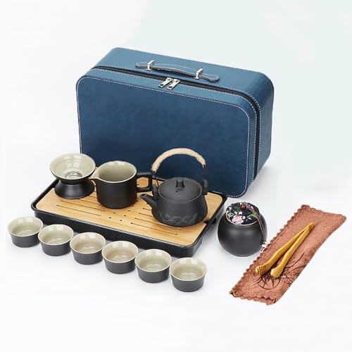 Webao Théière avec passoire intégrée, service à thé en porcelaine chinoise avec théière et 6 tasses, service à thé avec poignée en corde de chanvre pour thé en vrac, cadeau pour les amateurs de thé