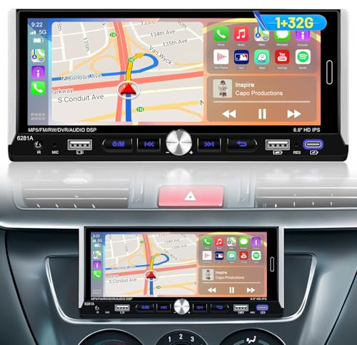 NHOPPEW 1+32G Android Autoradio mit Wireless Carplay und Android Auto -6,9 Zoll Touchscreen Radio Unterstützung WiFi GPS Navigation Mirror Link Lenkradsteuerung + AHD Rückfahrkamera