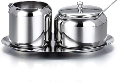 Azucarero de Acero Inoxidable, Juego de Leche y azúcar, azucarero pequeño con Bandeja para cucharas y Cuchara de azúcar para casa, Cocina, Hotel y cafeterías