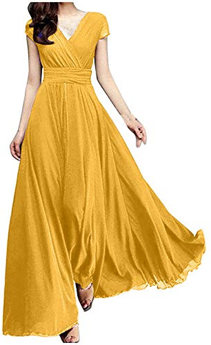 Abito da donna in chiffon, lungo, elegante, per matrimoni, serate, a maniche corte, con scollo a V, per cocktail, a vita alta, per feste, per il tempo libero