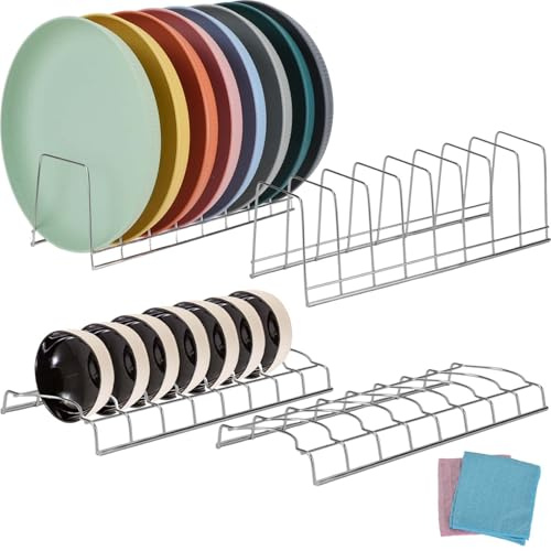 DIYJEP 4 Estante para Platos con 2 Toallitas Absorbentes, Organizador de Platos de Acero Inoxidable, Portaplatos de Gran Volumen con 8 Ranuras Vertical para Tapas de Ollas Platos Tablas de Cortar