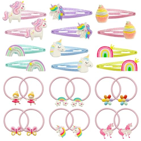 24 fermagli per capelli da bambina, a forma di unicorno, con glitter, a forma di cartone animato, graziosi accessori per capelli per bambine e ragazze
