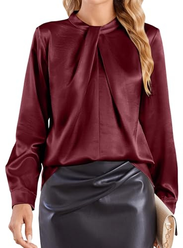 Beluring Camicetta da donna, elegante, a maniche lunghe, in raso, colletto alto con nodo, rosso vivo, XXL