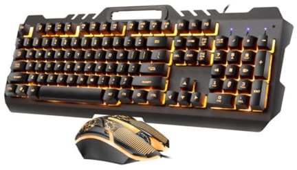 NUOBESTY Clavier et Souris USB Métallique avec Rétroéclairage Orange Combo Ergonomique pour Bureau et de Téléphone et Design Éclaboussures