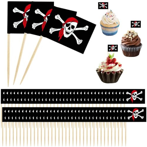 GGUFAY 100 Stücke Piraten Cocktail Zahnstocher Flaggen Kuchen Topper für Lebensmittel, Vorspeise, Cocktail, Cupcake Dekoration für Kinder Halloween Geburtstag Party Dekorationen, Zahnstocher Flaggen