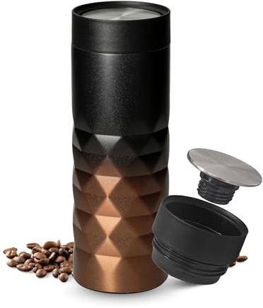 Thermobecher 450ml - auslaufsicherer Edelstahl to go Kaffeebecher in Kupfer | 450 ml, Travel Mug, doppelwandig, Trinkbecher, heiß und kalt, 360 Grad Push Deckel, Büro, unterwegs, Coffee to go