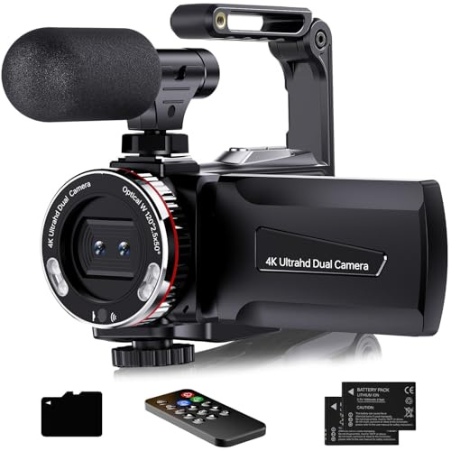 Videocamera digitale 4K, 64 MP, UHD, vlogging, doppia fotocamera per YouTube, zoom digitale 21X, schermo HD, fotocamera Vlog con microfono esterno, stabilizzatore, telecomando, 2 batterie, telecomando