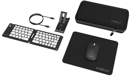 Celly, Kit Travel con Tastiera e Mouse Wireless, Set Completo per Lavorare Ovunque con Custodia Rigida in EVA, Tastiera Pieghevole, Mouse Senza Fili, Cavo USB-C, Supporto Smartphone e Tappetino, Nero