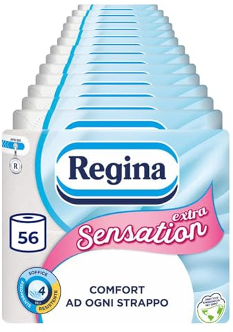 Regina Sensation Extra, 56 Rotoli di Carta Igienica a 4 Veli | 170 Soffici Fogli, Comfort ad Ogni Strappo, Confezione con il 60% di Plastica Riciclata, Carta 100% Certificata FSC