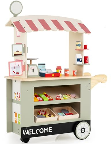 Maxmass Kids Play Food Cart, Children Shop Trolley Playset with 30 PCS Accessories, Universal Wheel, Scale and Register, Wooden Grocery Store Marketplace Toy for 3+ Year Old (Green)