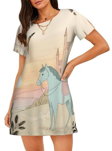 Zelinge retro häst och fjäril nattklänningar för kvinnor nattskjorta dam pyjamas skjorta klänning rymliga nattkläder medium
