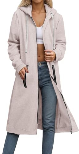 Générique Lång damtröja - lång kappa huvtröja för dam utomhus fritid tröja vår höst toppar med dragkedja jacka med dragsko huvtröja, Beige färg, XL