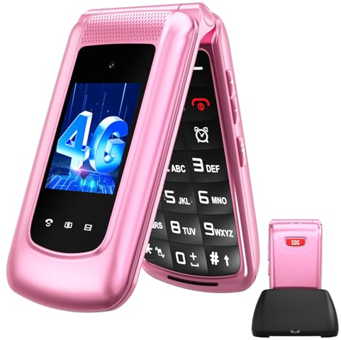 4G Telephone Portable Senior Débloqué | Téléphone Portable à Clapet avec Grandes Touches | Double Écran 2,4 +1,77  | Double Nano SIM| Son Fort & Clair |Annonces Vocales |Bouton SOS|Station de Charge