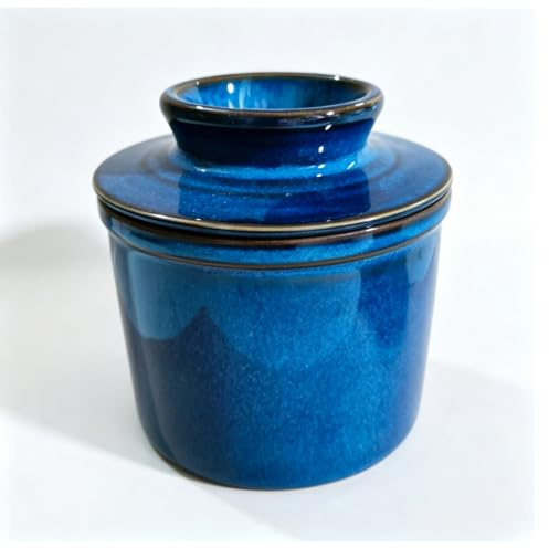 Mantequera francesa de cristal con tapa, mantequera de cerámica, campana de mantequilla para untar mantequilla, color azul