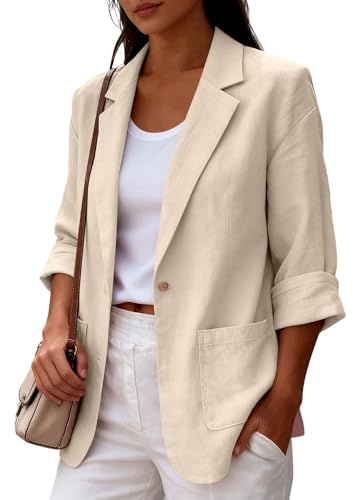 Camicia Lino Donna Maniche 3/4 Blazer Estiva Elegante Giacca da Donna con Collo a Risvolto Camicie Blusa con Bottoni e Tasche Laterali Camicetta da Spiaggia Leggera Comode Lavoro Feste Ufficio Viaggi