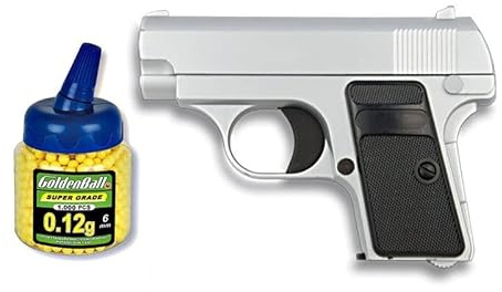 Outletdelocio. Pistola Airsoft Mini G1 Color Plata, Metalica. Calibre 6mm. + Funda Portabalines + Biberon 1000 Bolas. 23054/21993
