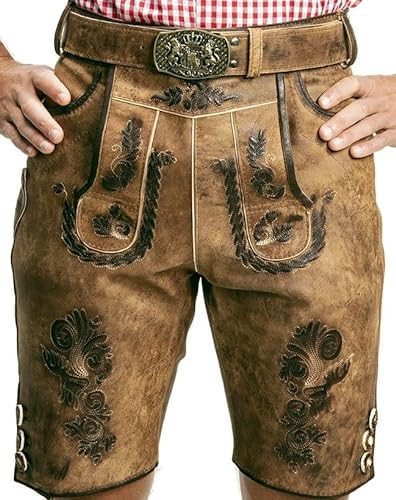 SYMPHONIE WESTERWALD Bayerische Herren Trachten Lederhose mit Trachtengürtel + Hosenträger, speckig, antik Look, braun, Gr. 50