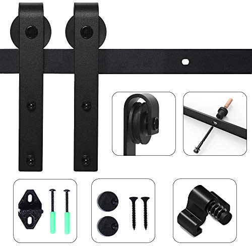 TSMST Kit per porta scorrevole per fienile 7FT / 213 cm, porta singola in legno, forma di J, nero opaco