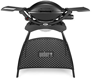 Weber Q2000 Gas Grill with Stand + Side Tables, 54 x 39cm Cooking Area, Portable, 1 Burner, 2-Piece Porcelain-Enamelled Cast Iron Cooking Grates, Aluminum Cast Lid & Body - Black (53010374)