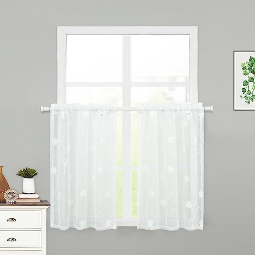 VOGOL White Small Sheer Curtains, Rod Pocket Solid Window Treatment Kitchen Tier Curtains for Bay Windows W 30 x L 36 Inch, 2 Panels, Flowers