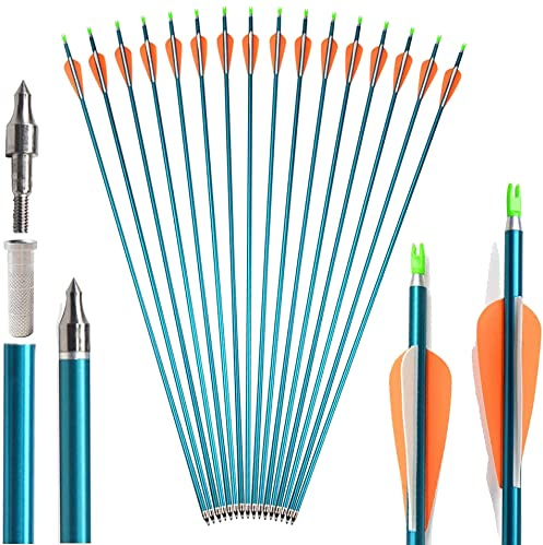 SHARROW 12 aluminiumpilar 80 cm (32 tum) pilar för bågskytte spine 500 jakt bågepilar jaktpilar med plastfjädrar för pilar och bågar recurvebåge, compoundbåge, lång båge (blå)