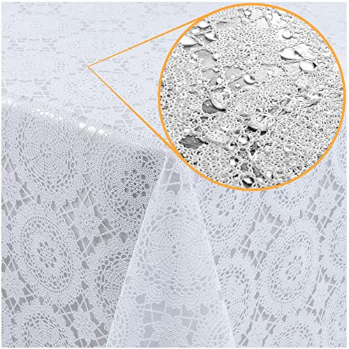 ANRO Tischdecke abwaschbar Wachstuch Lace Vinyl Häkel Spitze Optik 140 x 138cm Kreise Weiß abwischbar Wachstuchtischdecke Wachstischdecke wasserabweisend Gartentischdecke Meterware pflegeleicht