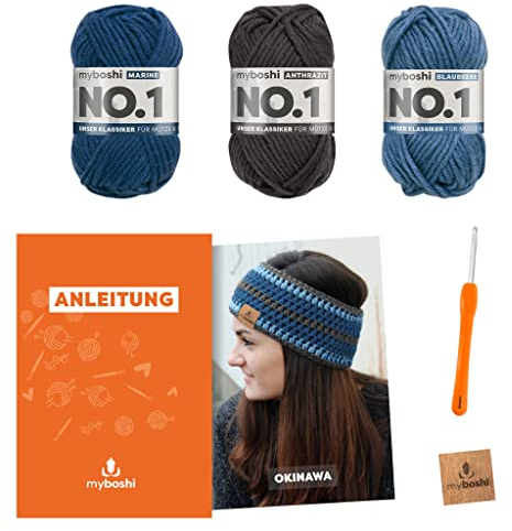 myboshi Häkelset Stirnband Okinawa, inkl. No.1 Wolle, Nadel und Anleitung, für Mützen und Strinbänder, Häkelpaket, 30% Merinowolle Blau, Grau, mit Rundstricknadel