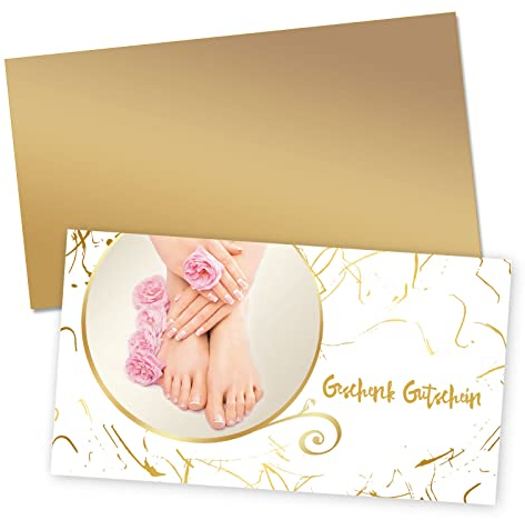 GESCHENKGUTSCHEINcom by POS-HAUER. Gutschein-Set. 100x Gutschein + Kuvert. Für Fußpflegesalon Fingernagelstudio Unternehmen, blanko zum selber Ausfüllen.