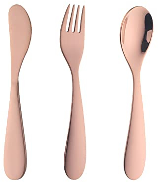 Rose Gold Children Cutlery Metal, 3 Pcs Stainless Steel Kids Flatware Set with Knife/Fork/Spoon, Todler Silverware Healthy & Mirror Polished, Dishwasher Safe