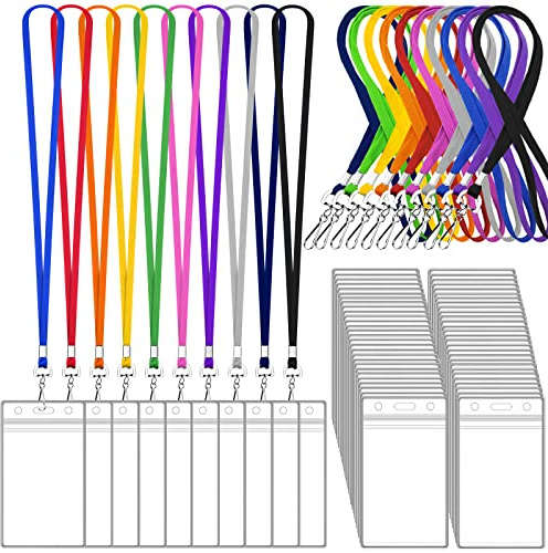 50 Pack Lanyard with ID Badge Holder Colorful Lanyards with Waterproof ID Card Holders for Kids, Women, Men (Assorted 10 Colors)