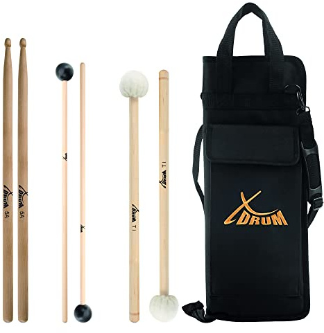 XDrum Orchestra-Set - Starter-Set für das Orchester-Schlagwerk - 5A Drumsticks (Ahornholz) - Xylophonschlägel - Paukenschlägel - Robuste Drumsticktasche