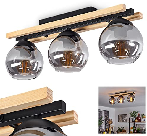 HOFSTEIN Deckenleuchte Podre, Deckenlampe aus Holz/Metall/Glas in Natur/Schwarz/Rauch, Leuchte im Retro/Vintage-Design mit Holzbalken, 3 x E27, Schlafzimmer, Wohnzimmer, Küche, Esszimmer