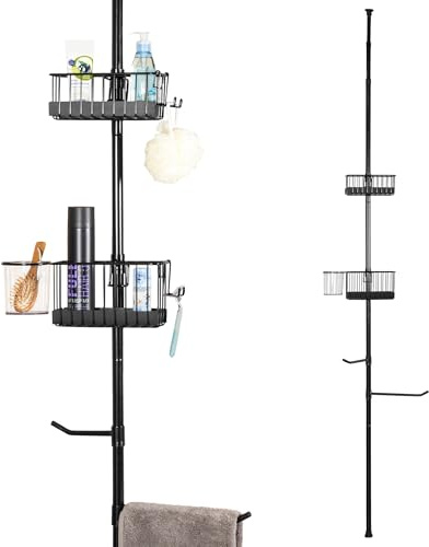 bremermann Teleskop-Badregal mit 2 Körben und 2 Haltern für Handtücher, ideal für Shampoo, Kosmetikartikel, Badutensilien uvm., höhenverstellbar bis max. 290 cm, aus Metall in Schwarz