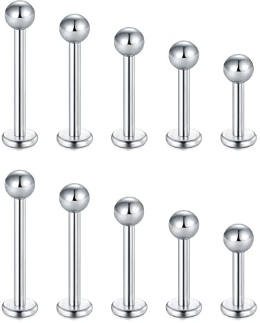 Rajnard 16G Acciaio Chirurgico Labbro Piercing Stud Argento Classico - Labret Cartilagine Tragus Helix Orecchini 6/8/10/12/14mm Filo Esterno - Gioielli per Donne e Uomini