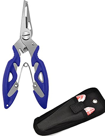 Stainless Steel Fishing Pliers Scissors Multi Tool for Removing Hook Cutting Braid Line and Spliting Rings with Storage Bag, Flesh and Sea Fishing Accessories, Blue