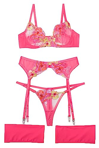 Aranmei Set di Lingerie da Donna 4 Pezzi con Reggiseno con Ferretto in Pizzo Ricamato Floreale con Perizoma Fasce per Cosce e Reggicalze, Rosa Fluo, XS