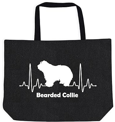 Merchandise for Fans Einkaufstasche Umhängetasche Schultertasche Baumwolltasche Shopper - schwarz - für Schule, Arbeit, Einkauf: Herzschlag EKG Hund Bearded Collie 01