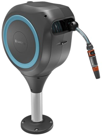 Gardena Terrassen-Schlauchbox RollUp S: Wetterfeste Box mit RollUp-Technologie und 15 m Schlauch, Bewässerung von kleinen Gärten mit Terrasse, automatisches Aufrollen, türkis (18605-20)