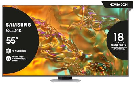 Samsung Smart TV 55 QE55Q80DAUXZT QLED 4K, Upscaling AI 4K, Processore NQ4 AI Gen2, Motion Xcelerator 120Hz, Quantum Matrix, Direct Full Array, DVBT-2, Q-Symphony & OTS Lite, Eclipse Silver, 2024