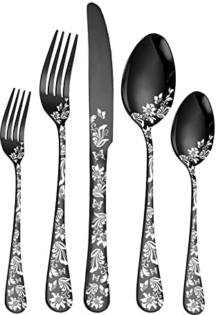 Cutlery Set, Stainless Steel Flatware Set,transparent plastic, Spoon Knife and Fork Set,20-Piece Modern Electroplated Patterned Kitchen Silverware Tableware Set Service for 4 People,18/10 Stainless St