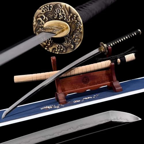 KWXPW Samurai-Schwert mit Scheide,handgeschmiedete T10-Stahl Klinge,geschnitzter Handschutz aus reinem Kupfer,echtes Katana für Kampfsport,Geschenk,Iaido,Sammeln,Cosplay,Ausstellung,Kendo,Dekor