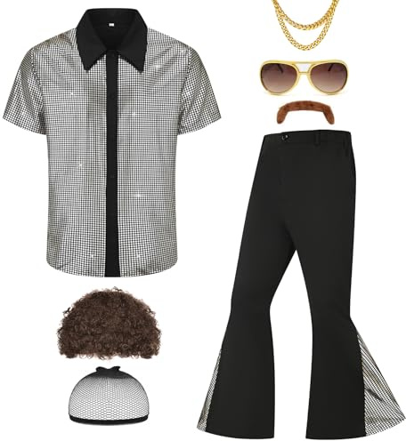Ezuwail Costume tenue disco des années 70 pour homme, chemises à manches courtes, pantalon évasé, perruques, collier, moustache, lunettes de soleil, 6 pièces