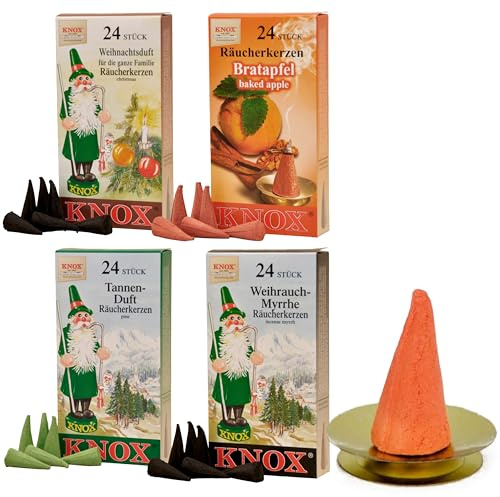 Knox Räucherkerzen Set 4 Duftsorten mit Kerzenhalter Geschenkset | Duftsorten Tannenduft, Weihrauch-Myrrhe, Weihnachtsduft und Bratapfel, inklusive Halter, Made in Germany
