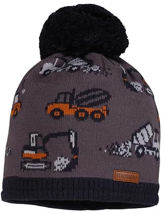 maximo MINI Boy-Mütze, Baufahrzeuge Pompon, Futter Made in Germany