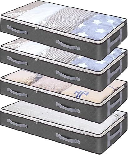 AONAT 4 Stück Unterbettkommode,Unterbett Aufbewahrungsbox mit Deckel,Faltbare Unterbett Aufbewahrungsbox für Kleidung,Bettdecken und Bettwäsche,100x50x15 cm,Grau