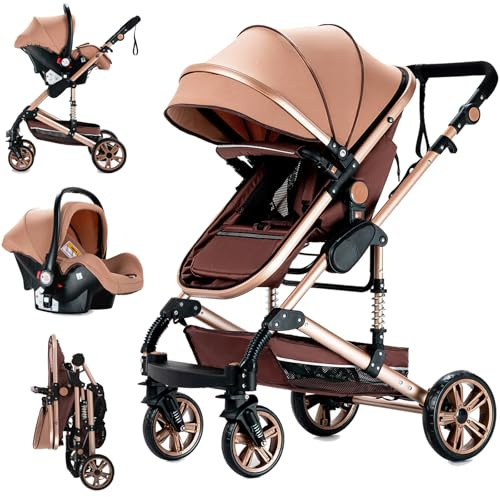 Doraystar 3-in-1 Kinderwagen mit Schubmodi, umkehrbar, Klickklappe, große Babywanne (739 Beige)