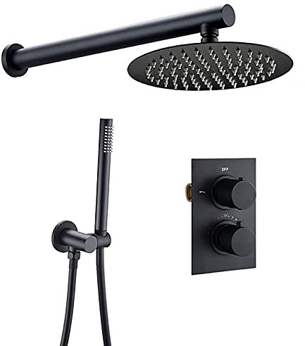 shower head Thermostat-Duschsystem, verdecktes Duscharmatur-Set mit Handbrause und rundem Regenduschkopf, Dusch-Kombi-Set, Wandmontage-Badewanne und Duschverkleidungsset, Chrom, 12 Zoll (Mattschwarz 8
