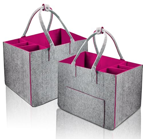 Cnwinu 2 Stk Filztasche Einkaufstasche mit Fächern,Filztaschen Shopper Groß,30L Einkaufskorb Faltbar,Carrybag,Filzshopper für Camping Picknick und Weinliebhaber (Dunkelgrau/Magenta-1)