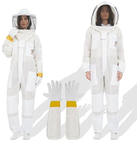 ANDES Professional 3-Layer Ultra Ventilated Beekeeping Suit& Polycotton bee suit Beekeeper Costume with 3-Layer Ultra Ventilated Gloves & 2 Veils - Perfect for Men & Women& beekeeping supplies(XL)